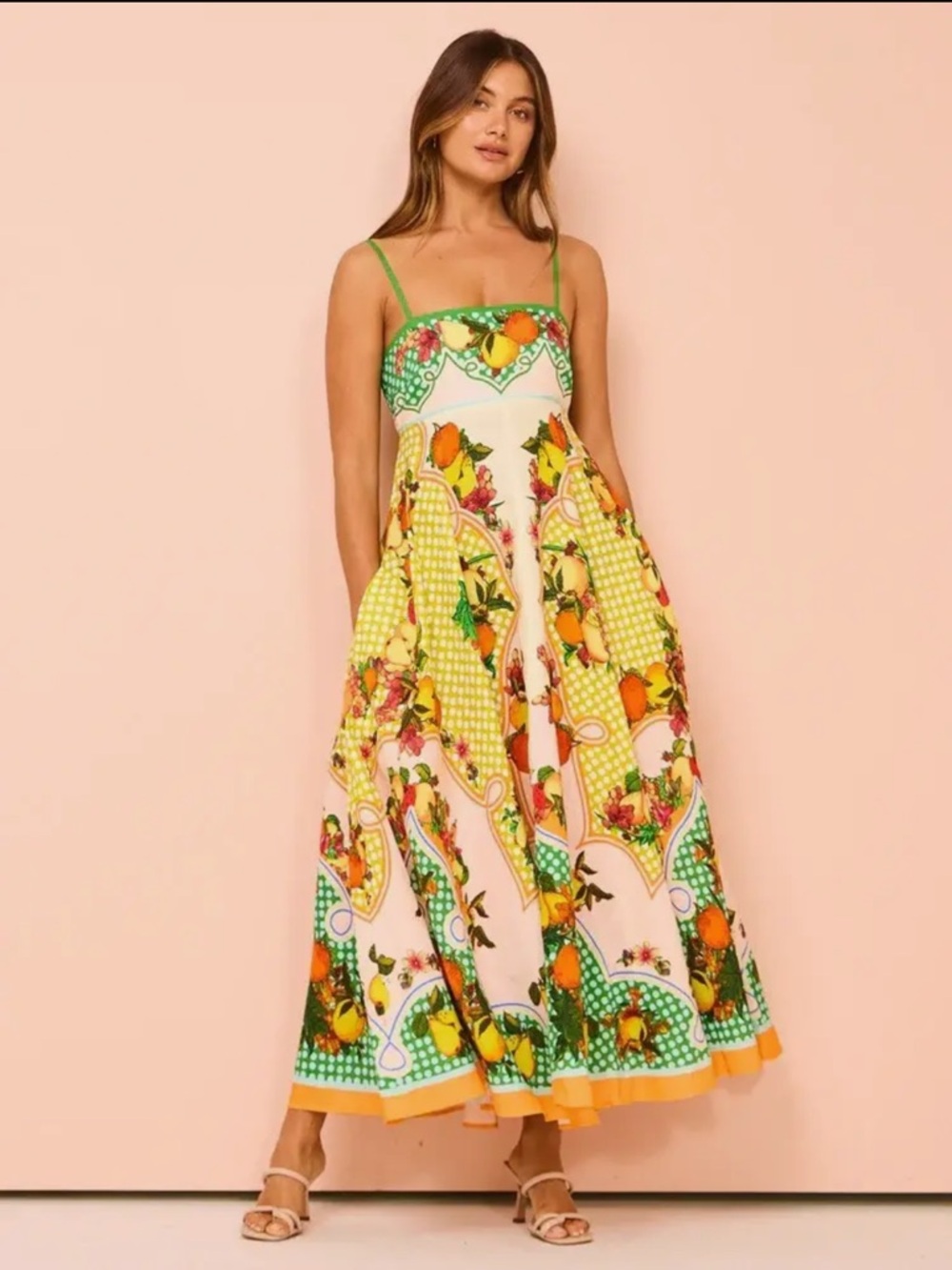 Vibrant Floral and Fruit Orange and Lemon Maxi Dress